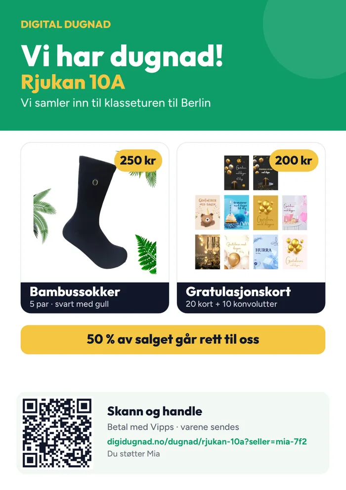 Eksempel på plakat a4 fra salgspakken, med gruppas navn, produkter og QR-kode